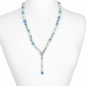Vintage Pearl Blue Crystal Y Drop Necklace Silver Tone Unbranded 27 Inch Beads Y